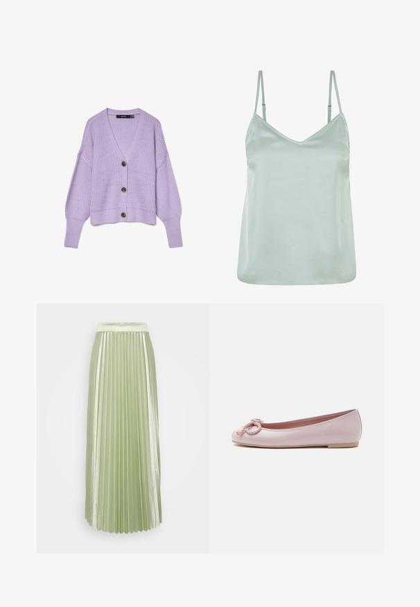Lilla strikket cardigan med tre brune knapper, V-udskæring, lange ærmer og ribstrikkede manchetter og kant.; Lys grøn satinkamin med justerbare tynde stropper og V-udskæring, der har en glat tekstur og en afslappet pasform.; Faldel med plisseringer i lysegrøn satinvævet med en bred talje, der skaber en glat, flydende silhuet.; Lyserød lakballerina med rundet tå, snoet snøre sløjfe foran og lav beige sål på hvid baggrund.