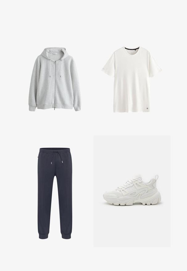 Sudadera con capucha de cremallera en gris claro con textura acanalada, con cordones y mangas largas, mostrada sobre un fondo blanco.; Camiseta blanca lisa de manga corta con cuello redondo, con un pequeño logo cerca del dobladillo y texto "ACTIVE" en el interior del cuello.; Pantalones deportivos de color azul marino oscuro con cintura elástica, cordón ajustable, bolsillos laterales y puños ajustados. Hechos de un material suave y ligero.; Zapatillas deportivas blancas con un upper texturizado, paneles de malla, suela de goma prominente y recortes decorativos en los laterales.