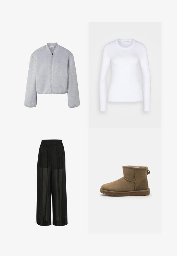 Helehall hõlmik bomber-tüüp jope pikkade varrukate, soonikkrae, elastsete varrukasäärte ja esikaaslusega.; Selected SLFDIANNA O NECK - Pikkade varrukatega topp - bright white; Mustad laiad mustad püksid, mis on valmistatud läbipaistvast kangast, elastse vöökohaga ja nööri reguleerimiseks, tagades mugava istuvuse ja sileda tekstuuri.; Pruunist seemis nahast hüppeliigese saapad, millel on pehme ja karvane vooder, ümmargune varvas ja tagaküljel silmusaktsent. Lame kummist tallaga, millel on tekstuuriga haardepind.