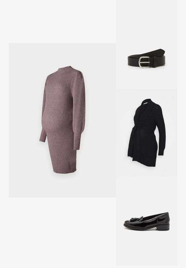 Anna Field MAMA Gilet - black; Robe de maternité en tricot dans une teinte rose poussiéreux, avec une texture côtelée, un col haut et des manches longues, conçue pour s'adapter à un ventre en croissance.; Mocassins en cuir verni noir avec un bout arrondi, un petit talon carré et un détail de frange décoratif à l'avant. Texture lisse sur toute la surface.; Ceinture en cuir noir avec une texture lisse, dotée d'une boucle en métal argenté et d'une extrémité effilée. Design simple et classique.