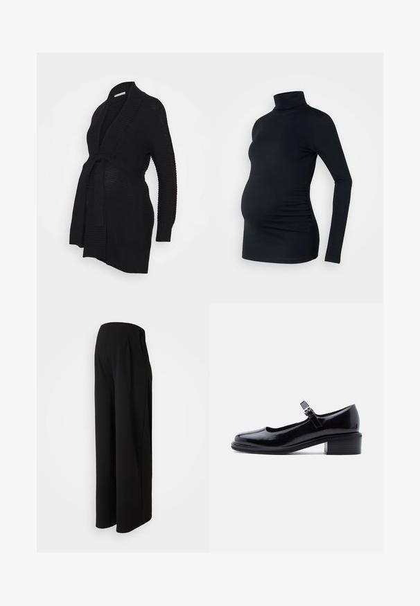 Anna Field MAMA Chaqueta de punto - black; Top negro de manga larga con cuello de tortuga, fabricado con un material elástico, diseñado para adaptarse a una barriga de embarazada, con detalle de fruncido lateral.; Vero Moda Maternity Wide-leg Wide Leg Fit - Pantalones - black; Zapato Mary Jane de charol negro con tacón bajo y bloque, correa ajustable con hebilla sobre fondo claro y liso.