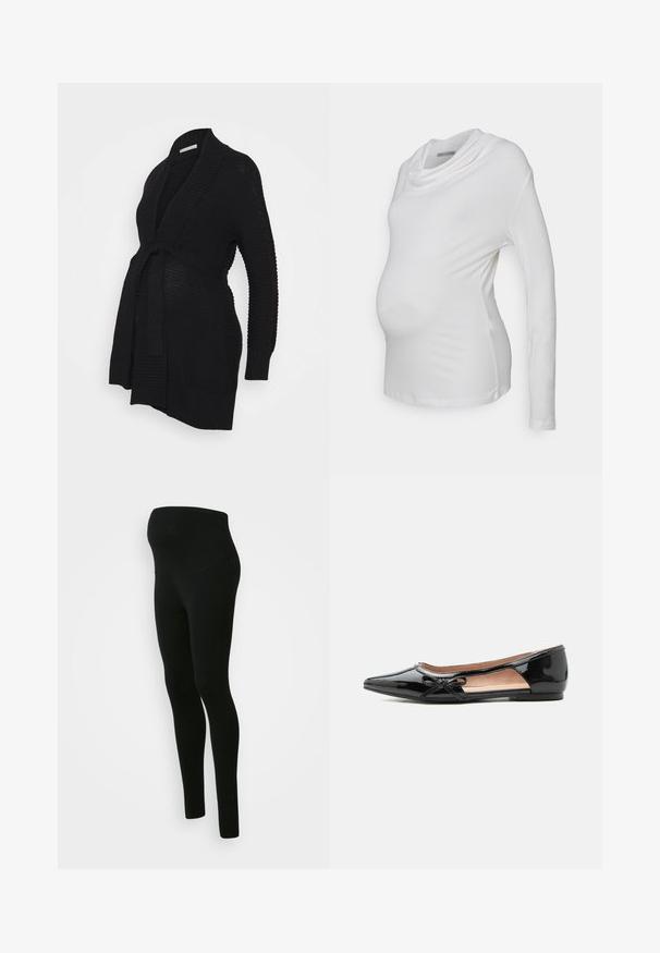 Anna Field MAMA by Zalando Cardigan - black; Hvid langærmet graviditetsbluse med en cowl-udskæring, lavet af blødt, strækbart stof; tætsiddende design fremhæver en babybu.; Sorte graviditetsleggings med en høj, støttende talje, glat tekstur, tætsiddende design og ingen synlige mønstre eller udsmykninger.; Sort laklæder flad sko med spids tå, sideudskæring og lille dekorativ sløjfe på ydersiden.
