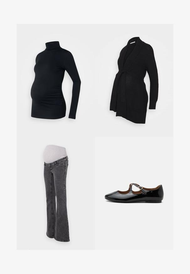 Anna Field MAMA Gilet - black; Haut à manches longues noir à col roulé en tissu extensible, conçu pour accueillir un ventre de femme enceinte, avec des détails de fronces sur les côtés.; Jean de maternité avec une taille élastique grise ajustée, des jambes évasées et une finition en denim gris foncé, présentant des coutures standard et des poches.; Chaussure plate Mary Jane en cuir verni noir avec deux découpes et une bride à boucle dorée sur fond blanc.