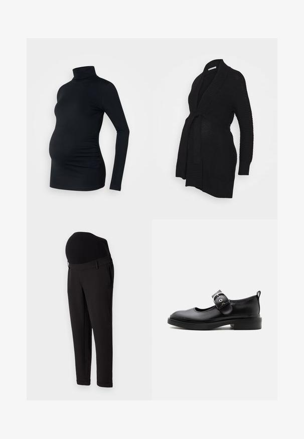 Anna Field MAMA by Zalando Vest - black; Zwarte lange mouwen turtleneck top van rekbaar materiaal, ontworpen om een zwangere buik te accommoderen, met ruching details aan de zijkanten.; Zwarte zwangerschapsbroek met een hoge, elastische tailleband en een taps toelopend ontwerp. De stof heeft een gladde textuur met een lichte glans.; Zwarte leren Mary Jane-schoen met dikke zool, afgeronde neus, zilveren gespsluiting en een treklus aan de achterkant.