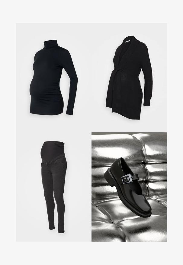 Anna Field MAMA by Zalando Vest - black; Zwarte lange mouwen turtleneck top van rekbaar materiaal, ontworpen om een zwangere buik te accommoderen, met ruching details aan de zijkanten.; Zwarte zwangerschapsjeans met een zachte, rekbare tailleband, slanke pasvorm en twee zijzakken. Gemaakt van denim met een gladde textuur.; Zwarte leren Mary Jane-schoenen met een vierkante neus, een zilveren gesp accent en een chunky lage hak, tegen een glanzende zilveren achtergrond.
