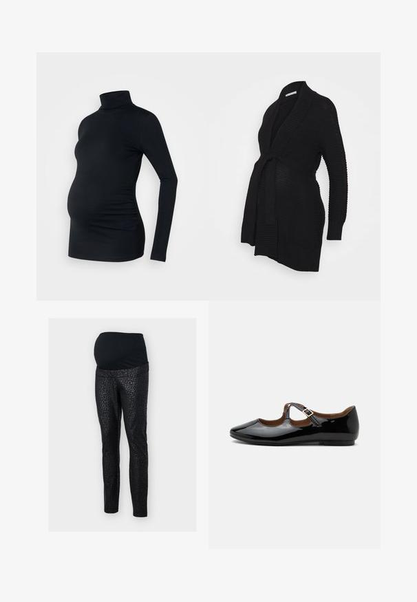 Anna Field MAMA Cardigan - black; Sort langærmet turtleneck top i strækbart stof, designet til at rumme en gravid mave, med detaljeret side ruching.; Graviditetsleggings i sort med en strækbar, tekstureret talje. Hovedstoffet har et subtilt sort leopardmønster. Slim-fit design.; Sort laklæder Mary Jane-flad sko med to udskæringer og en guldbuckelrem på hvid baggrund.