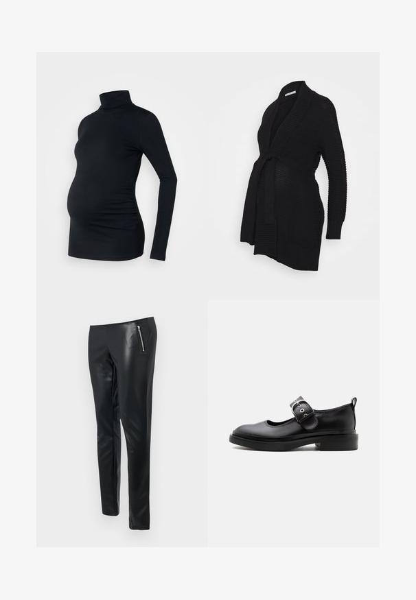 Anna Field MAMA by Zalando Vest - black; Zwarte lange mouwen turtleneck top van rekbaar materiaal, ontworpen om een zwangere buik te accommoderen, met ruching details aan de zijkanten.; Zwarte faux leren broeken met een slim fit, voorzien van een ritssluiting op de voorkant en een gladde, glanzende textuur.; Zwarte leren Mary Jane-schoen met dikke zool, afgeronde neus, zilveren gespsluiting en een treklus aan de achterkant.