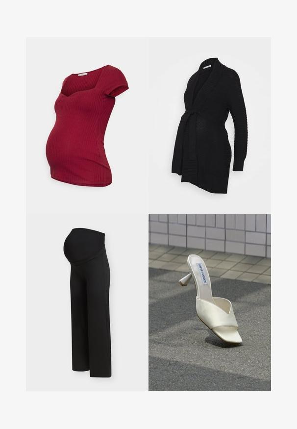 Anna Field MAMA by Zalando Ζακέτα - black; Anna Field MAMA by Zalando Βασικό μπλουζάκι - dark red; Μαύρο παντελόνι εγκυμοσύνης με ψηλή, ελαστική μέση που έχει σχεδιαστεί για να υποστηρίζει την κοιλιά της εγκύου, εμφανίζεται σε απλό ανοιχτό φόντο.; Λευκό mule Steve Madden με ανοιχτά δάχτυλα και τακούνι μπλοκ, τοποθετημένο σε γκρι άσφαλτο κοντά σε πλακιδωτό τοίχο στο φόντο.