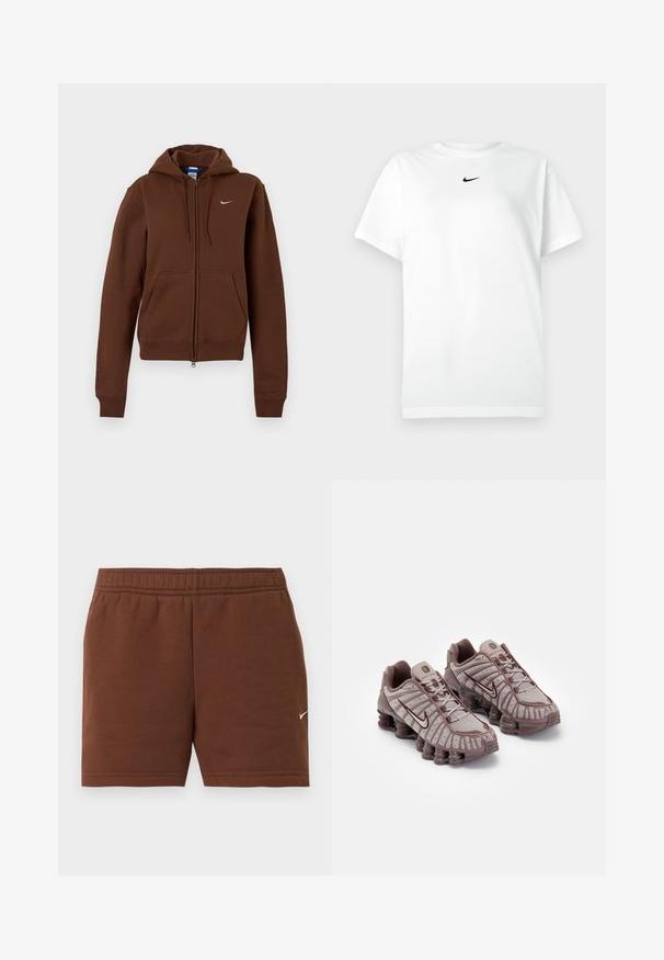 Bruine zip-up hoodie met zakken aan de voorkant, capuchon met trekkoord, geribbelde manchetten en zoom, en klein wit Nike-logo op de linkerborst.; Witte korte mouwen crew neck T-shirt met een klein zwart Nike swoosh-logo gecentreerd onder de ronde hals.; Bruine sportshorts met elastische tailleband en klein wit Nike swoosh-logo op het rechterbeen tegen een effen witte achtergrond.; Nike Sportswear SHOX TL - Sneakers laag - pumice/night maroon/plum eclipse