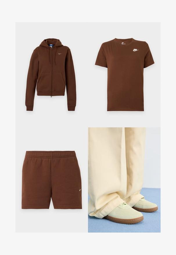 Sweat à capuche zippé marron avec poches avant, capuche à cordon, poignets et ourlet côtelés, et petit logo Nike blanc sur la poitrine gauche.; T-shirt Nike marron à manches courtes avec logo blanc Nike sur la poitrine gauche et col rond, présenté sur un fond uni.; Shorts de sport marron avec taille élastique et petit logo Nike blanc en forme de swoosh sur la jambe droite sur fond blanc uni.; Baskets en daim vert avec des bouts ronds et des semelles texturées, associées à un pantalon beige large, sur une surface bleue.