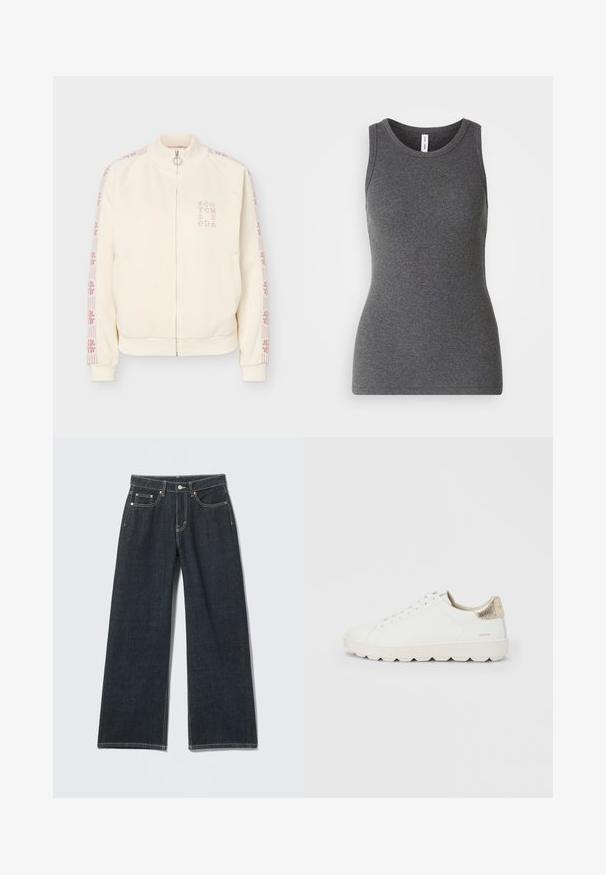 Cremefarbene Jacke mit Reißverschluss und hohem Kragen, mit rosafarbenen Blumenstreifen an den Ärmeln und rosafarbenem Text auf der Brust.; Grau ärmelloses Tanktop aus geripptem Material; verfügt über einen runden Halsausschnitt und ein figurbetontes Design. Keine Muster oder zusätzlichen Akzente.; Dunkelblaue Jeans mit weitem Bein, vorn mit Knöpfen, Reißverschluss, Gürtelschlaufen und fünf Taschen, auf hellem einfarbigem Hintergrund.; Weiße Leder-Sneaker mit abgerundeter Spitze, flachen Schnürsenkeln und einem strukturierten goldfarbenen Akzent an der Ferse. Verfügt über eine dicke, flexible Sohle.