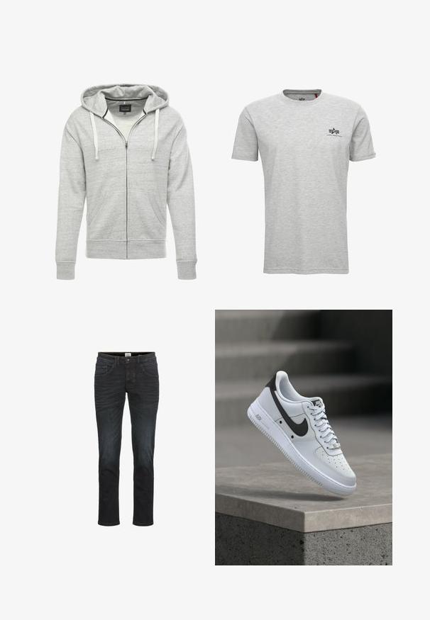 Grauer Reißverschluss-Hoodie aus weichem, strukturiertem Material. Mit Kapuze mit Kordelzug, Fronttaschen und gerippten Bündchen und Saum.; Graues kurzärmliges T-Shirt aus Baumwollmischung mit Rundhalsausschnitt; verfügt über ein schwarzes Logo auf der linken Brust und ein rotes Etikett am Kragen.; Schlanke Jeans in dunkelblauem Denim, mit fünf Taschen, Gürtelschlaufen und einem Reißverschluss. Glatte Textur mit minimaler Ausbleichung und Nähdetails.; Weißer Nike Air Force 1 Sneaker mit schwarzem Swoosh-Logo, der über einer Betonvorsprung mit unscharfen Treppen im Hintergrund schwebt.