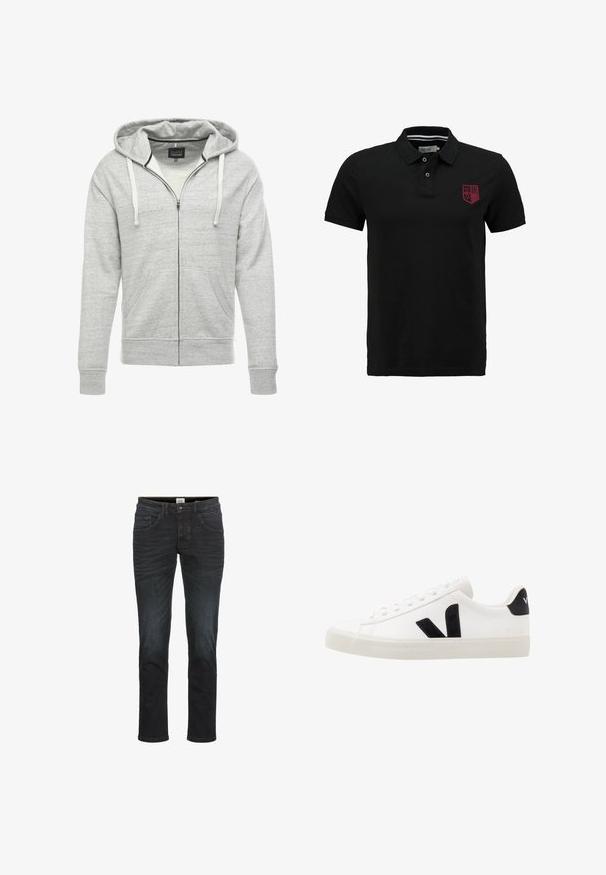 Grå zip-up hoodie lavet af blød, tekstureret stof. Har en hætte med snoretræk, forlommer og ribbede mansjetter og forneden.; Sort polo t-shirt lavet af bomuld, med en tre-knaps placket og rødt broderet emblem på venstre bryst. Korte ærmer.; Slim-fit jeans i mørk denimvask, med fem lommer, bæltestropper og lynlås. Glat tekstur med minimal fading og syningsdetaljer.; Hvide lædersneakers med sorte ruskindsdetaljer; har en gummisål, rund tå og klassisk snørebåndsdesign. Side logo i sort.
