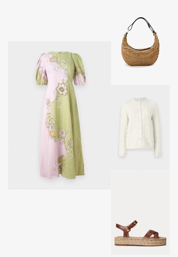 Cardigan crème en tricot torsadé avec un col festonné et une fermeture à boutons sur le devant, à manches longues et finition texturée.; Robe longue verte et rose avec des manches bouffantes, présentant un grand motif floral en tourbillon de couleur jaune, blanc et noir.; Sandale en cuir marron avec bride réglable à boucle dorée et semelle plateforme en jute tressée sur fond clair uni.; Sac à main en paille tissée beige à silhouette courbée, doté d'une bandoulière en cuir noir et d'accents métalliques argentés. Finition texturée.