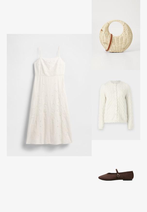Cárdigan de punto trenzado en color crema, con cuello ondulado y cierre de botones en la parte frontal, con mangas largas y un acabado texturizado.; Vestido blanco hasta la rodilla con tirantes finos, bordado floral y detalles recortados. Confeccionado con tela ligera y una silueta fluida.; Zapato plano de ante marrón con correa y hebilla plateada y puntera redondeada y puntiaguda, mostrado de perfil sobre fondo blanco.; Bolso redondo trenzado en paja natural con un acabado texturizado. Presenta una correa de cuero marrón suave y un asa circular.