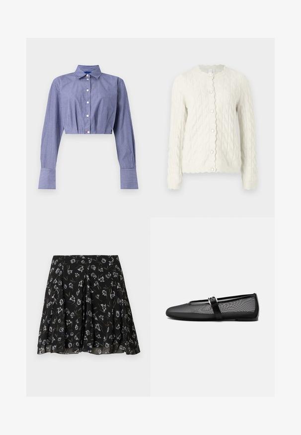 Cremefarvet kabelstrikket cardigan med en scallopkrave og frontlukkning med knapper, lange ærmer og en struktureret finish.; Stribet blå cropped skjorte med knaplukning foran, lange ærmer, klassisk krave og brede manchetter. Fremstillet af letvægtsstof.; Sort plisseret nederdel med hvidt og olivengrønt blomstermønster, flydende stof med subtil tekstur, midilengde design.; Sort mesh balletflat med rundt tåparti og justerbar Mary Jane-rem med sølvspænde, på en ensartet lys grå baggrund.