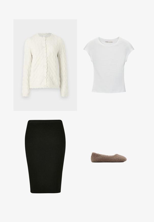 Crème kabelgebreide cardigan met een golvende kraag en een sluiting met knopen aan de voorkant, met lange mouwen en een gemêleerde afwerking.; Witte katoenen T-shirt met korte, opgerolde mouwen, een ronde halslijn en een rechte zoom. Gladde textuur zonder zichtbare patronen of accenten.; Zwarte geribbelde kokerrok met een aansluitend ontwerp. Heeft een hoge tailleband en gestructureerde stof, waardoor een soepele silhouet ontstaat.; Bruine, met fleece gevoerde ballerina met een ronde neus. Zachte textuur en naadloos ontwerp, met een low-profile silhouet. Geen zichtbare hardware.