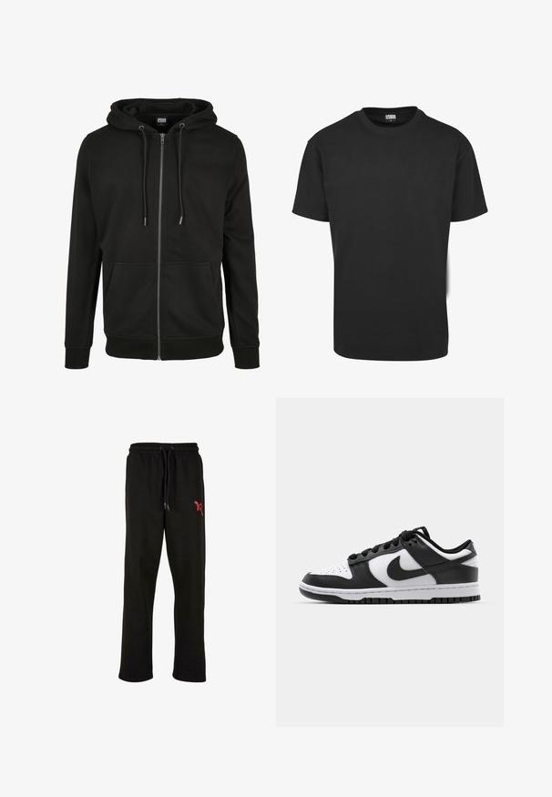 Sudadera negra con cremallera, hecha de una tela suave, que cuenta con capucha con cordón, bolsillos frontales y puños y dobladillo acanalados. Diseño simple y funcional.; Camiseta negra de algodón con mangas cortas, cuello redondo y un ajuste estándar. La tela parece suave y sin adornos.; Pantalones de chándal negros con cintura elástica y cordón ajustable. Presentan un acento de logo rojo en el muslo izquierdo. Material suave.; Zapatillas Nike Dunk en blanco y negro con parte superior de cuero, puntera perforada, cordones negros y suela de goma negra con diseño de tracción.