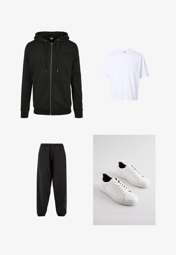 Sudadera negra con cremallera, hecha de una tela suave, que cuenta con capucha con cordón, bolsillos frontales y puños y dobladillo acanalados. Diseño simple y funcional.; Camiseta blanca lisa de algodón, de manga corta, con cuello redondo, corte holgado y etiqueta de la marca Urban Classic dentro del cuello.; Pantalones de chándal negros hechos de una tela suave con una cintura elástica. Tobillos entallados y detalle de texto impreso en un lado. Corte casual y relajado.; Zapatillas de cuero blanco con perfil bajo, lados perforados, cordones planos y un forro interior marrón contrastante. Suela de goma con patrón texturizado.
