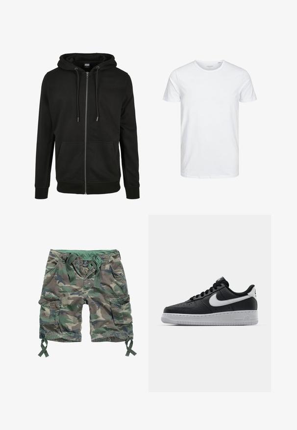 Zwarte zip-up hoodie gemaakt van zachte stof, met een verstelbare capuchon, voorkwabben en ribgebreide boorden en zoom. Eenvoudig en functioneel ontwerp.; Ronde hals kortemouwen t-shirt in effen wit, gemaakt van zachte katoen, heeft een eenvoudig ontwerp zonder zichtbare patronen of accenten.; Cargoshorts in een camouflagepatroon, met meerdere zakken, een elastische tailleband met trekkoorden en van katoenmateriaal.; Zwarte lederen sneaker met een textuur oppervlak, witte Nike swoosh, grijze zool, ronde neus en vetersluiting. Bevat perforaties op de neus.