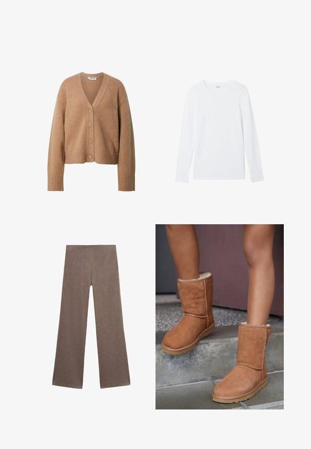 Cardigan en laine beige avec un col en V, comportant cinq boutons, des poignets côtelés et une silhouette courte. Texture douce et design minimal.; Chemise blanche à manches longues en coton lisse, avec un col rond et sans motifs ni embellissements. Design classique et minimaliste.; Pantalons larges marron en tissu doux et texturé. Le design présente une taille haute et une coupe ample, idéale pour un look décontracté.; Bottines en suede marron, à bout rond, avec une doublure douce et une semelle en caoutchouc, présentant des détails de couture visibles le long des coutures.