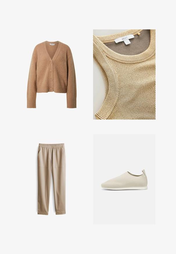 Beige wollen cardigan met een V-hals, voorzien van vijf knopen, geribde manchetten en een cropped silhouet. Zachte textuur en minimalistisch ontwerp.; Beige geribbelde tanktop met een ronde halslijn en een textuurstof met subtiele donkere strepen. Label zichtbaar in het halsgebied.; Beige elastische broeken met een tailleband, twee voorzakken, taps toelopende pijpen en een gladde textuur, geschikt voor casual kleding.; Beige gebreide instap schoen met een lage profiel, textuur bovenkant en een flexibele zool. Kenmerkt zich door een geweven ontwerp rond de enkel voor comfort.