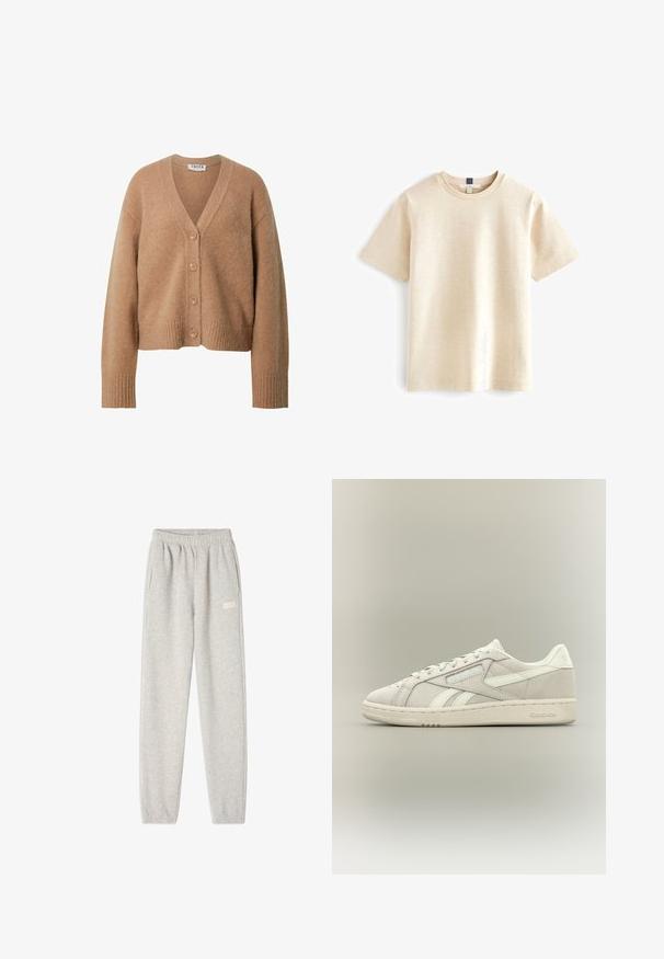 Beige wollen cardigan met een V-hals, voorzien van vijf knopen, geribde manchetten en een cropped silhouet. Zachte textuur en minimalistisch ontwerp.; Beige T-shirt met korte mouwen, gemaakt van zachte katoen, voorzien van een ronde halslijn en een ontspannen pasvorm met subtiele textuur.; Grijze sweatpants van een zachte katoenmix, met een elastische tailleband, zijzakken en een klein logo op de linker bovenbeen.; Lage off-white Reebok sneaker met veters aan de voorkant, een getextureerde zool en een subtiel Reebok-logo op de zijkant en hiel tegen een effen achtergrond.