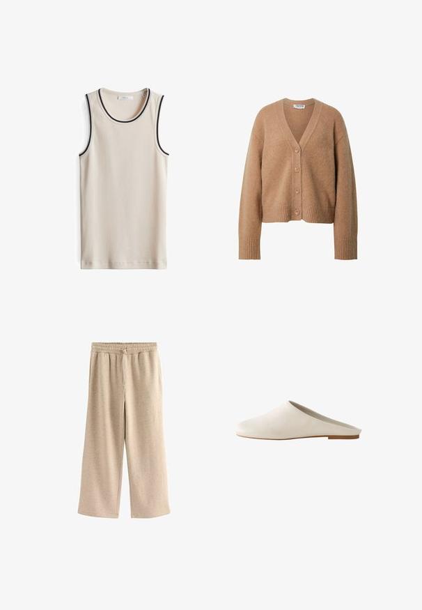 Beige wollen cardigan met een V-hals, voorzien van vijf knopen, geribde manchetten en een cropped silhouet. Zachte textuur en minimalistisch ontwerp.; Beige geribbelde tanktop met marineblauwe gestreepte afwerking bij de halslijn en armsgaten. Heeft een strak ontwerp en een zachte textuur.; Beige wijde broek gemaakt van zachte stof, met een elastische tailleband met een trekkoord en een subtiele gespikkelde textuur.; Laaggehakte slip-on mule van glad off-white leer met gesloten neus en open achterkant, op een platte lichtebruine zool.