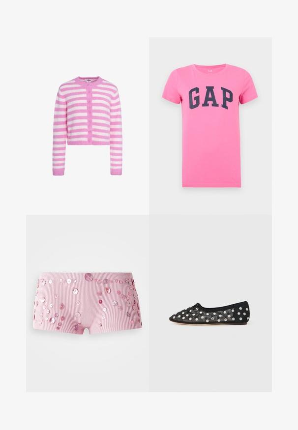 Blød pink og hvid vandretstribet cardigan med lange ærmer og pink knapper ned foran.; Lyserød t-shirt med korte ærmer, rund halsudskæring og store sorte bogstaver "GAP" tværs over brystet.; Lyserøde ribbede shorts prydet med forskellige størrelser af skinnende lyserøde knapper spredt over stoffet.; Sort flad sko med spids tå, lavet af mesh med store sølv polka prikker, og en lille sløjfedetalje fortil. Textureret stof.