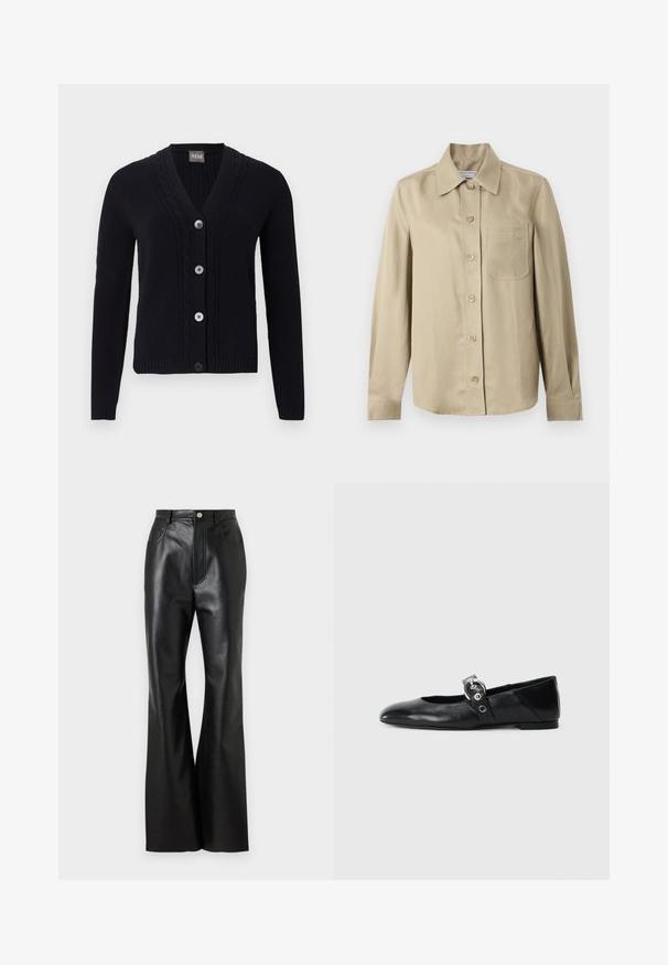 Cárdigan negro de punto con escote en V, borde con patrón de trenzas, cuatro botones delanteros y mangas largas.; Camisa beige de manga larga con botones, cuello puntiagudo y bolsillo en el pecho, mostrada sobre un fondo claro y liso.; Pantalones de cuero negro acampanados con un acabado elegante, bolsillos frontales y costuras en contraste. Presenta un cierre de botón y una cinturilla estructurada.; Mocasines de ballet de cuero negro con punta afilada, que cuentan con una correa con un cinturón metálico circular y una suela plana.