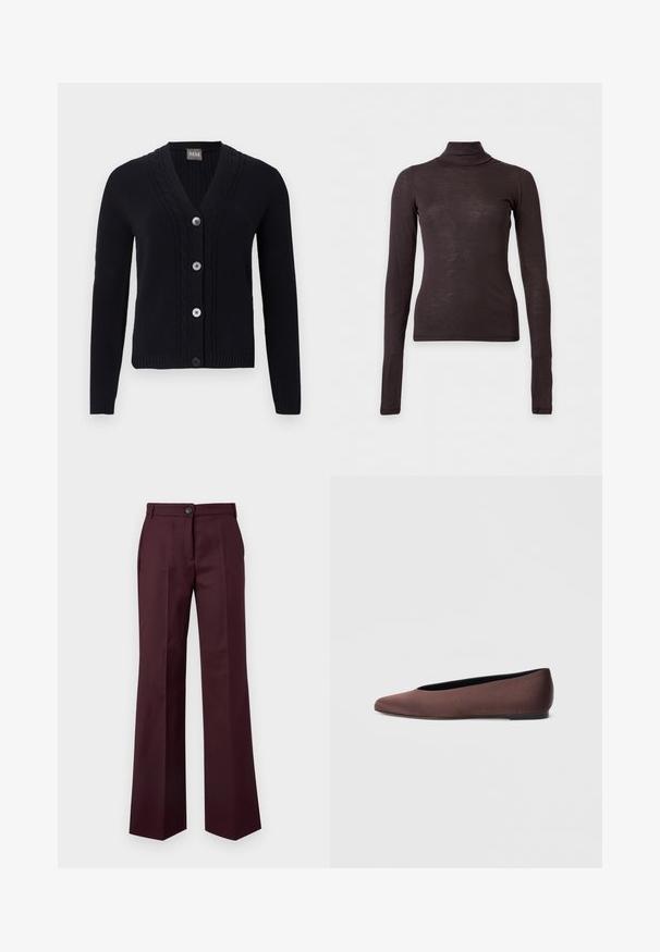 Cardigan noir en maille avec col en V, bordure à motif torsadé, quatre boutons sur le devant et manches longues.; Pull col roulé marron foncé à manches longues, coupe ajustée et tissu léger sur un fond clair uni.; Pantalon ajusté bordeaux foncé avec fermeture bouton et zip à l'avant, jambes droites, et poches latérales sur un fond uni clair.; Ballerines en tissu marron avec un bout pointu et une texture lisse, dotées d'un talon bas et d'une fine semelle noire. Aucune motif ni élément métallique visible.