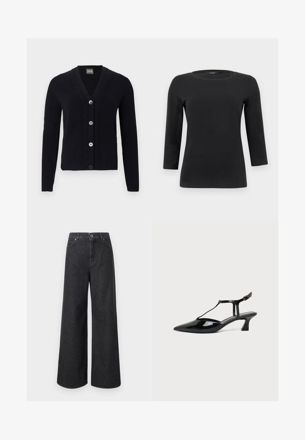Cardigan noir en maille avec col en V, bordure à motif torsadé, quatre boutons sur le devant et manches longues.; Chemise noire à manches longues avec col rond, silhouette ajustée et texture de tissu lisse et unie.; Jean noir large à taille haute avec fermeture à boutons et fermeture éclair, poches avant et passants pour ceinture.; Chaussure slingback en cuir verni noir à bout pointu avec bride en T et petit talon bloc incliné sur fond blanc.