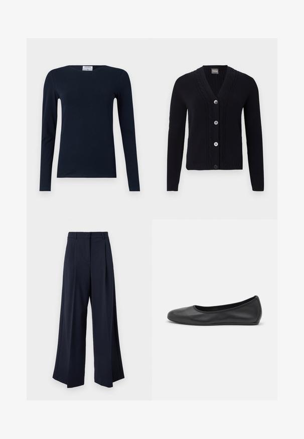 Cárdigan negro de punto con escote en V, borde con patrón de trenzas, cuatro botones delanteros y mangas largas.; Camiseta de manga larga en color navy, hecha de algodón suave. Presenta un cuello redondo, un ajuste slim y un bajo regular sin patrones ni acentos visibles.; Pantalones azul marino de pierna ancha con pliegues frontales, trabillas para cinturón y cierre frontal oculto.; Bailarina de piel negra con punta redondeada, textura suave, detalle de costura minimalista y diseño de suela flexible.