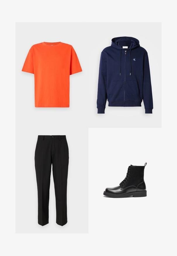 Donkerblauwe zip-up hoodie van een katoenmix met een voorzak. Bevat een trekkoordcapuchon en een klein geborduurd logo op de borst.; Fel oranje T-shirt met korte mouwen en een ronde hals met een losse pasvorm, afgebeeld tegen een effen lichte achtergrond.; Zwarte broeken van soepele stof, met een rechte pijpconstructie, vo pockets, een enkele knoopsluiting en geen zichtbare patronen.; Zwarte leren enkellaarzen met een gladde afwerking, rechthoekige neus, vetersluiting en een platte rubberen zool. Inclusief een trekband aan de achterkant.