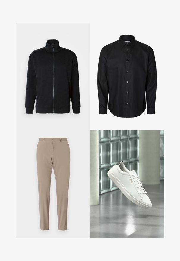 Sort zip-jacket med høj krave, tekstureret mønster, lange ærmer, ribbede manchetter og lige kant. Har et brændet logo på brystet.; Sort herre skjorte med lange ærmer, klassisk krave og syv knapper foran, vist på hvid baggrund.; Beige skræddersyede bukser med en glat tekstur, slim fit og frontknaplukning. Ingen synlige mønstre eller udsmykninger.; Hvid læder lav-top sneaker med snørebånd, sort hælflig og "BOSS"-logo, svævende indendørs nær glasblok væg og poleret gulv.