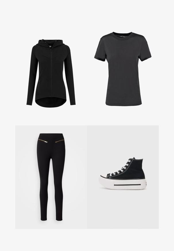 Sweat à capuche zippé noir pour femme, cintré, manches longues, deux poches avant zippées et un ourlet légèrement arrondi.; T-shirt noir à manches courtes en tissu lisse. Présente un col rond sans motifs ni accents visibles, offrant un design simple.; Leggings noirs avec une texture lisse, présentant deux poches zippées dorées à l'avant. Le design est ajusté et resserré aux chevilles.; Baskets montantes noires en toile, avec des coutures blanches, un embout en caoutchouc, une semelle plateforme épaisse blanche et des détails en bande noire.