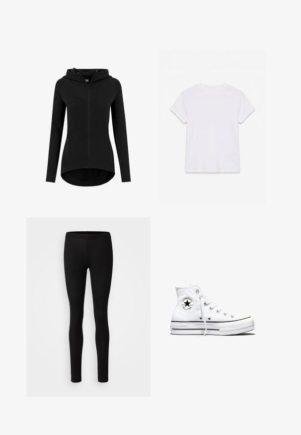 Sudadera negra ajustada para mujer con cremallera, mangas largas, dos bolsillos frontales con cremallera y dobladillo ligeramente curvado.; Camiseta blanca lisa de algodón de manga corta y cuello redondo, colocada plana sobre un fondo blanco.; Leggings negros hechos de una tela suave y elástica. Tienen un ajuste ceñido con una cintura elástica y una textura suave y mate.; Zapatilla blanca de caña alta Converse Chuck Taylor All Star con parche de logo negro y cordones blancos, presentada sobre fondo blanco.