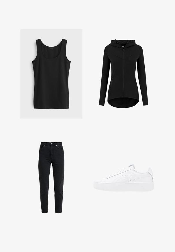 Sweat à capuche zippé noir pour femme, cintré, manches longues, deux poches avant zippées et un ourlet légèrement arrondi.; Débardeur noir sans manches avec encolure ronde, présenté à plat sur un fond gris clair.; Jean en denim noir taille haute avec bouton et fermeture éclair à l'avant, deux poches avant et jambe fuselée sur fond blanc.; Baskets plateformes blanches avec tige en cuir, bout rond et fermeture à lacets. Présente des perforations sur les côtés et un logo discret au niveau du talon.