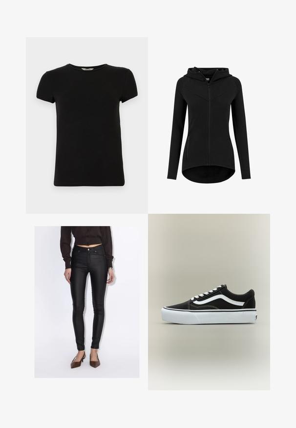 Zwarte aansluitende dameshoodie met rits, lange mouwen, twee voorzakken met rits en een licht gebogen zoom.; Zwart t-shirt met korte mouwen en ronde hals, gemaakt van soepel katoen, met een eenvoudig ontwerp en zonder zichtbare patronen of accenten.; Vrouw draagt zwarte hoge taille skinny broek, een cropped donkerbruin overhemd met knopen en bruine puntige hakken.; Lage zwarte sneaker met witte zijstreep, witte veters, witte rubberen zool en gestructureerde neus op een neutrale achtergrond.