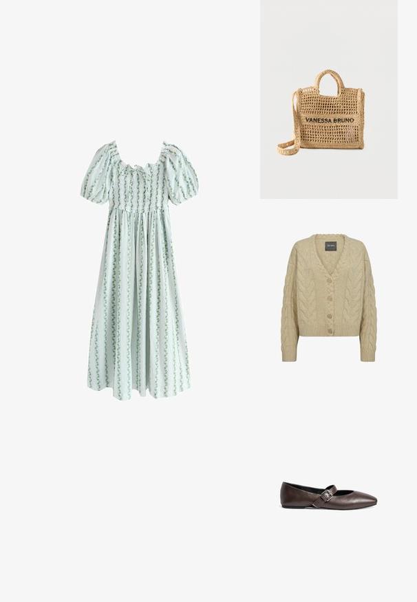Beige strikket cardigan med V-udskæring, fremtrædende kabelstrik mønster, fem træknapper og ribbede manchetter og kant.; Lyseblå kjole med pufærmer, smocket krop og lodrette grønne blomsterstriber, med en samlet, flydende nederdel.; Brune læder flade sko med rund tå og en justerbar spænde rem over midtfoden. Glat tekstur og minimalistisk design.; Vævet beige håndtaske med to håndtag, lang rem, åben vævning og "VANESSA BRUNO" broderet i sort på forsiden.