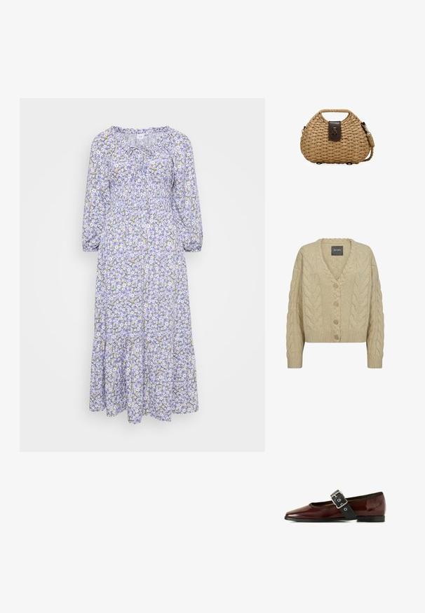 Cárdigan de punto beige con escote en V, patrón de punto en trenza prominente, cinco botones de madera y puños y dobladillo acanalados.; Vestido floral con base lila, adornado con flores blancas y amarillas. Mangas largas, escote fruncido y dobladillo en capas. Tela ligera.; Bailarinas de cuero burdeos con una correa negra con hebilla y punta redondeada, que cuentan con un tacón bajo y un acabado texturizado.; Bolso de paja trenzada con forma redondeada, asa integrada corta, cierre de cuero oscuro y correa de hombro trenzada desmontable.