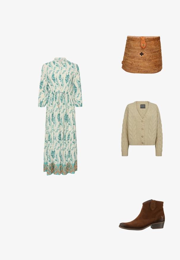 Beige gebreide cardigan met V-hals, opvallend kabelbreipatroon, vijf houten knopen en geribde manchetten en zoom.; Lange, lichte jurk met een bloempatroon in teal en wit. Kenmerkt zich door een hoge halslijn, lange mouwen en een decoratieve gouden zoom.; Felmini STIEFELETTE - Cowboy-/Bikerlaarsjes - brown; Ronde, geweven rieten mand met een tan leren hengsel en knoopsluiting. Heeft een kruispatroon in zwarte draad aan de voorkant.