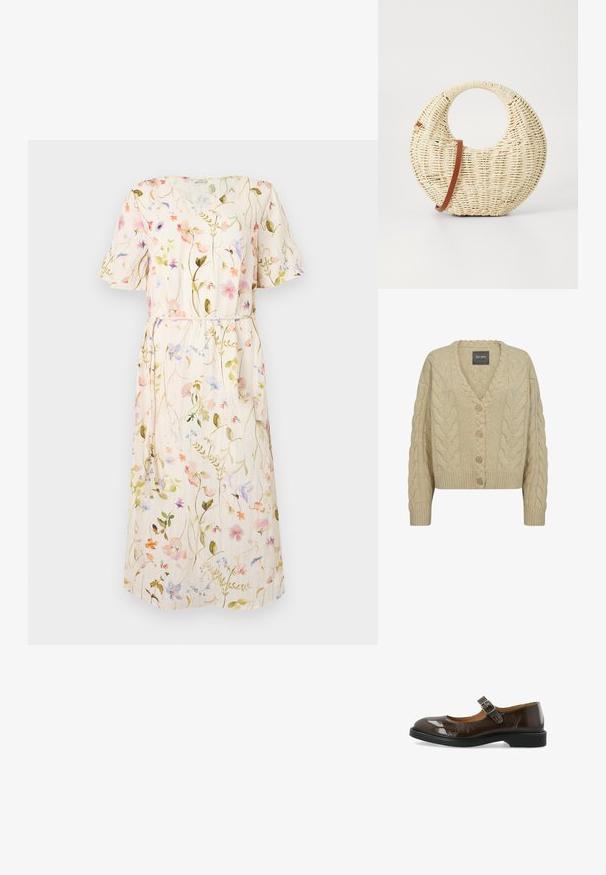 Beige strikket cardigan med V-udskæring, fremtrædende kabelstrik mønster, fem træknapper og ribbede manchetter og kant.; Blomstret kjole med korte ærmer, lys beige stof med flerfarvede blomster mønstre, taljebind, knælangt design.; Mørkebrune skind Mary Jane-sko i lak med rund tå, sølv spænde og lav sort hæl, vist på hvid baggrund.; Rund flettet taske i naturligt strå med en tekstureret overflade. Har en glat brun læderrem og et cirkulært håndtag.