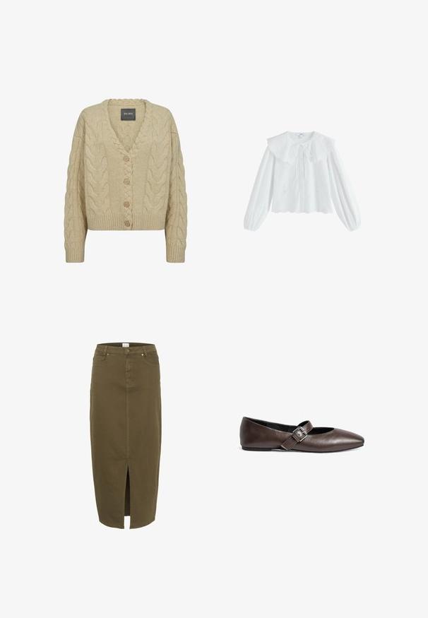 Beige strikket cardigan med V-udskæring, fremtrædende kabelstrik mønster, fem træknapper og ribbede manchetter og kant.; Hvid bluse med stor, flæset krave, knapper foran og lange ærmer. Har broderede blomsterdekorationer og bølget kant.; Olivengrøn denimnederdel, knælængde med en frontal slids, bæltesløjfer og to forlommer, med diskrete stikninger.; Brune læder flade sko med rund tå og en justerbar spænde rem over midtfoden. Glat tekstur og minimalistisk design.