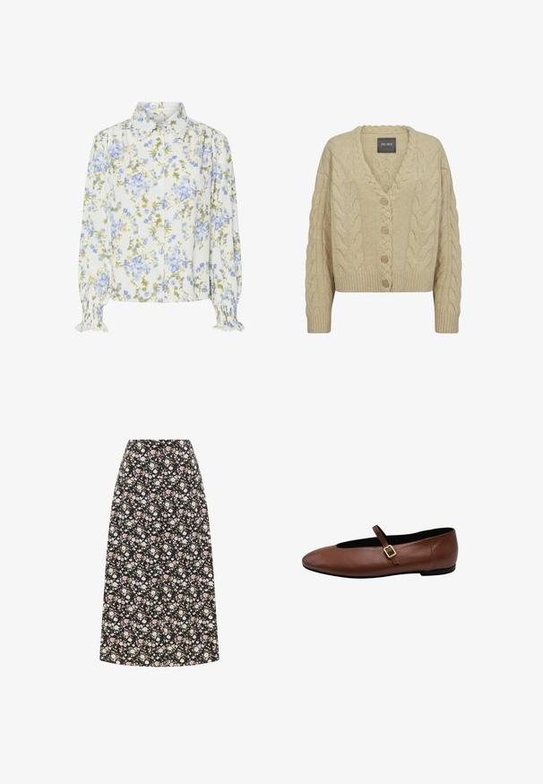 Beige gebreide cardigan met V-hals, opvallend kabelbreipatroon, vijf houten knopen en geribde manchetten en zoom.; Bloemige blouse met een witte basis, voorzien van blauwe en groene bloemen. Met kraag, knoopsluiting aan de voorkant en gerimpelde mouwen. Lange mouwen.; Zwarte midi-rok met kleine bloemenprint in roze, wit en geel en lichte A-lijn vorm, vlakke voorkant op witte achtergrond.; Bruine leren ballerina's met een ronde neus, elastische band en een klein gouden gespdetail. Platte zool en gladde textuur.