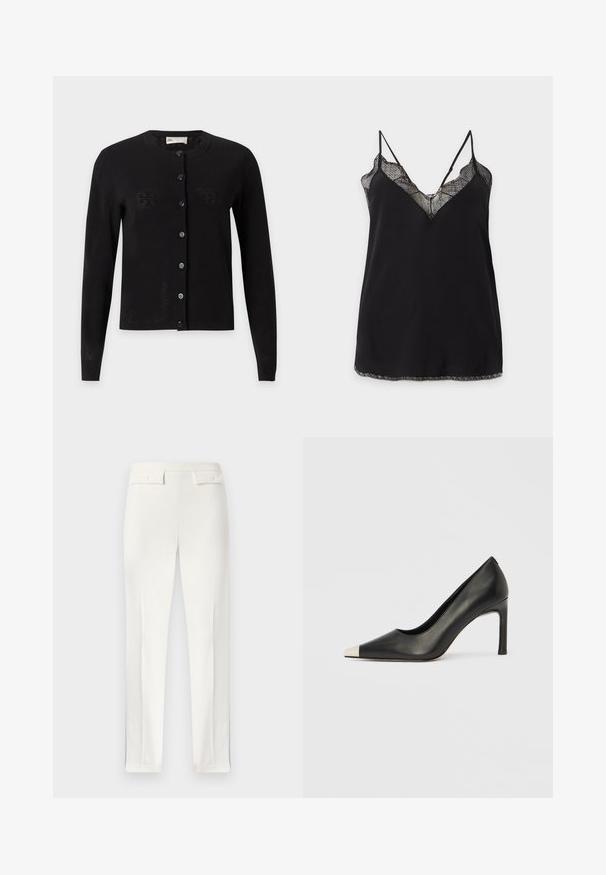 Cardigan noir à manches longues boutonné, col rond avec un motif perforé subtil, présenté sur un fond gris clair.; Caraco noir avec bordure en dentelle à l'encolure et à l'ourlet, avec des fines bretelles réglables et un panneau supérieur en dentelle transparente.; Pantalon blanc pour femmes, cintré, avec pince avant et deux poches à rabat boutonnées sur la ceinture, présenté à plat.; Chaussure à talon haut en cuir noir avec bout pointu et capuchon argenté métallique. Présente une finition lisse et un talon fin de 10 cm.