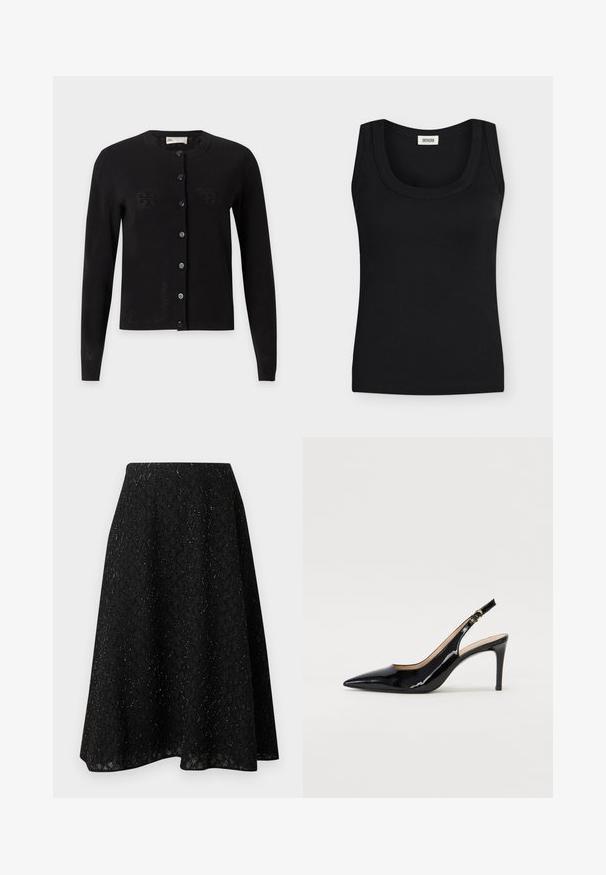 Cardigan noir à manches longues boutonné, col rond avec un motif perforé subtil, présenté sur un fond gris clair.; Débardeur noir côtelé sans manches avec larges bretelles et encolure ronde, étiquette de marque visible à l'intérieur du col.; Jupe midi noire en tissu texturé, présentant un motif en losanges et un léger scintillement. Silhouette évasée en forme de A avec un tombé fluide.; Pompe slingback en cuir verni noir avec un bout pointu, un talon fin et un design de découpes subtil. Elle dispose d'une boucle dorée sur la sangle.