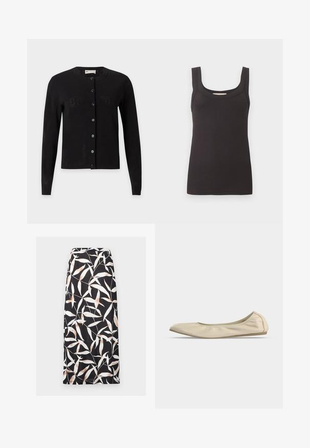 Cardigan noir à manches longues boutonné, col rond avec un motif perforé subtil, présenté sur un fond gris clair.; Débardeur noir côtelé sans manches avec larges bretelles et encolure carrée, posé à plat sur un fond uni clair.; Jupe midi noire avec motif abstrait de feuilles blanches et beiges, coupe droite et taille ajustée.; Ballerine beige en cuir souple avec bout arrondi, profil latéral bas et semelle fine en caoutchouc sur fond blanc uni.