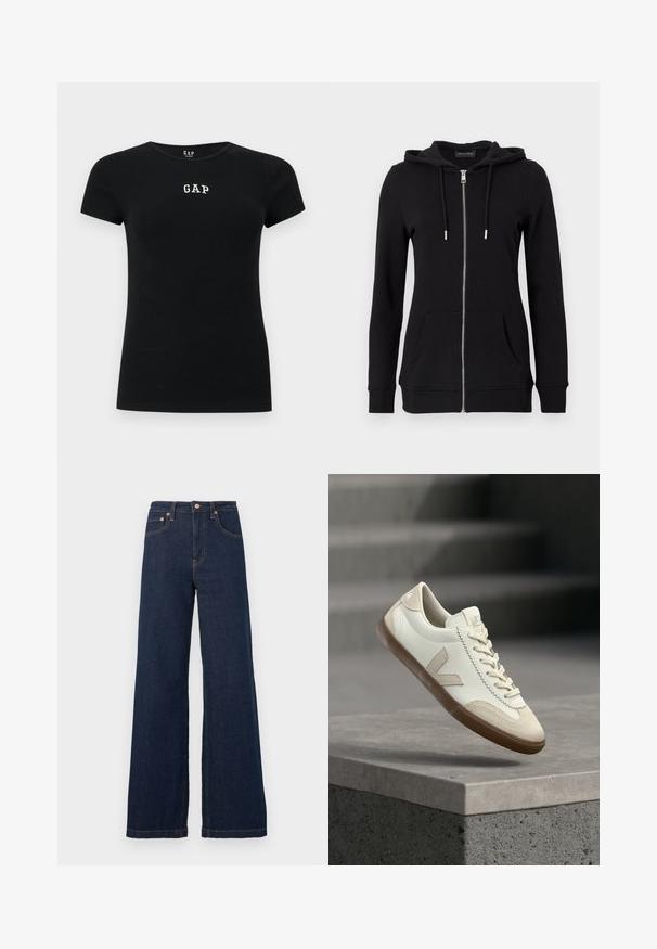 Μαύρο hoodie με φερμουάρ, κουκούλα με κορδόνι, μακριά μανίκια, εμπρόσθιες τσέπες και ριμπ μανσέτες. Κατασκευασμένο από απαλό, υφασμάτινο ύφασμα με υφή.; Μαύρο εφαρμοστό μπλουζάκι με κοντά μανίκια, με λευκή επιγραφή «GAP» στο κέντρο του στήθους και στρογγυλή λαιμόκοψη.; Σκούρο μπλε τζιν παντελόνι ψηλόμεσο με ευρεία γραμμή, μπροστινές τσέπες, θηλιές ζώνης και κουμπί και καρφίτσες σε χαλκό χρώμα.; Λευκό και μπεζ αθλητικό παπούτσι με καουτσούκ σόλα που αιωρείται πάνω από γκρι τσιμεντένια επιφάνεια με θολές σκάλες στο παρασκήνιο.