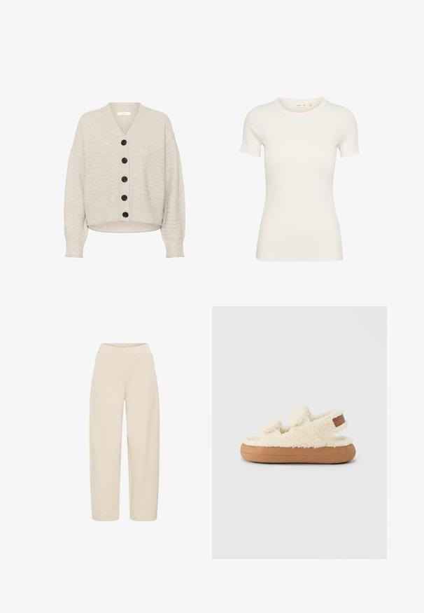 Cardigan en tricot beige avec cinq gros boutons noirs, col en V, manches longues et ourlet ainsi que poignets côtelés.; T-shirt blanc à manches courtes en coton côtelé, avec un col rond et une silhouette ajustée. Aucun motif ni accent visible.; Pantalons à jambes larges beiges avec une taille élastique. Fabriqués à partir d'un tissu doux et texturé, présentant une finition lisse et sans motifs supplémentaires.; Chaussons en peluche couleur crème avec une texture en fourrure douce et une semelle en caoutchouc marron. Dotés de sangles réglables pour un ajustement parfait. Design simple et dos ouvert.